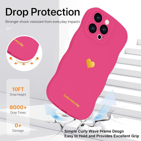 Cute Heart Simple Wave Frame Case for iPhone 13 Pro, Aesthetic Design Solid Color TPU Silicone Slim Cover (Rose Red)