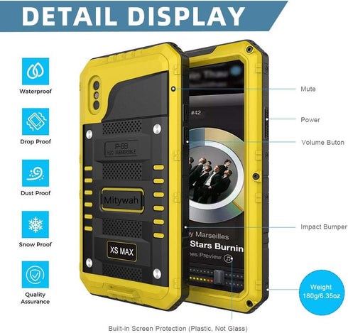 Mitywah Heavy Duty Military Armor Metal Case for iPhone Xs MAX, Waterproof, Shockproof, Dustproof, Rugged, Yellow