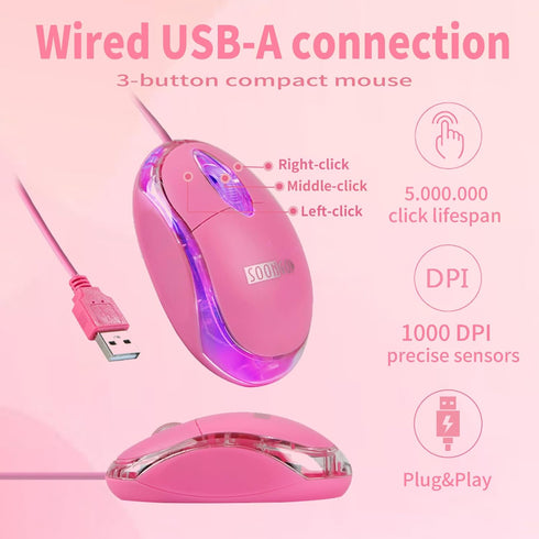 SOON GO Pink Computer Mouse with 1.5m USB Cable, Compatible with Windows, Mac, Ideal for Office, Home, Kids