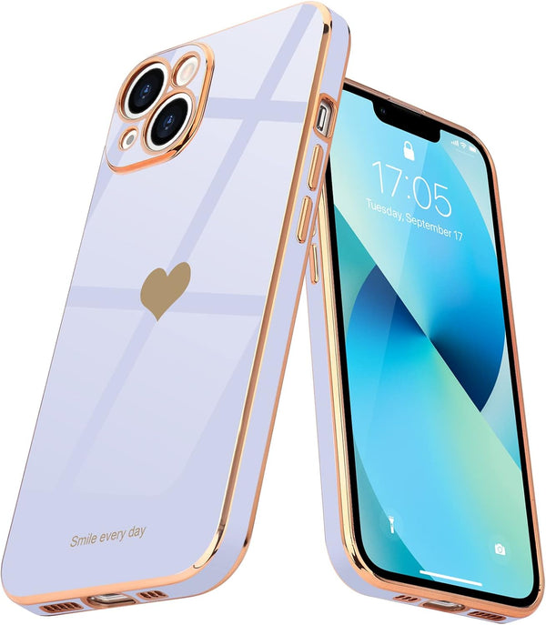 Teageo iPhone 13 Case for Girls Women, Cute Love-Heart Luxury Bling Plating Soft Back Cover - Purple