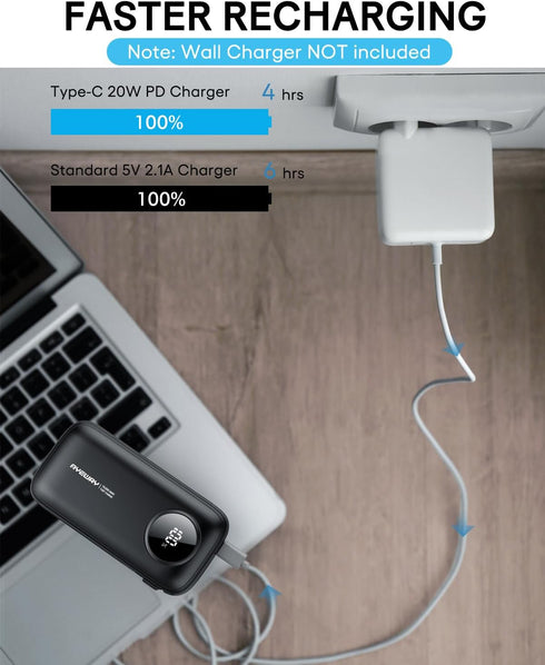 AYEWAY 10,000mAh Mini Portable Charger with Built-in Cable, USB C Fast Charging Power Bank with 4 Outputs, External