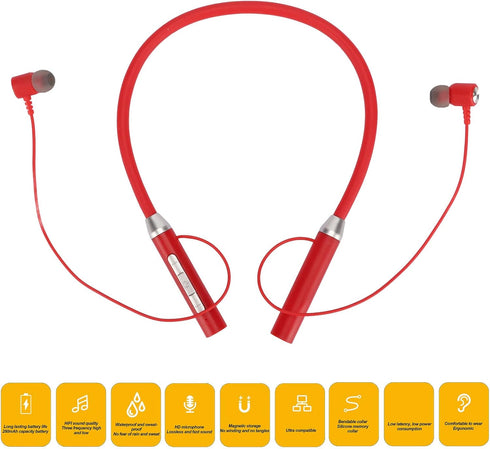 BT 5.2 Neckband Earbuds, Wireless Magnetic Headphones, IPX5 Waterproof Stereo Ergonomic Enhanced Bass Sports Earphone with Multi Functional Buttons for Exercising (Red)