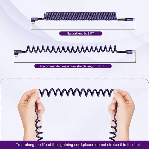 Fast Charging Purple Lightning to USB-C Cable, 2ft to 8ft Right Angle Coiled for iPhone.