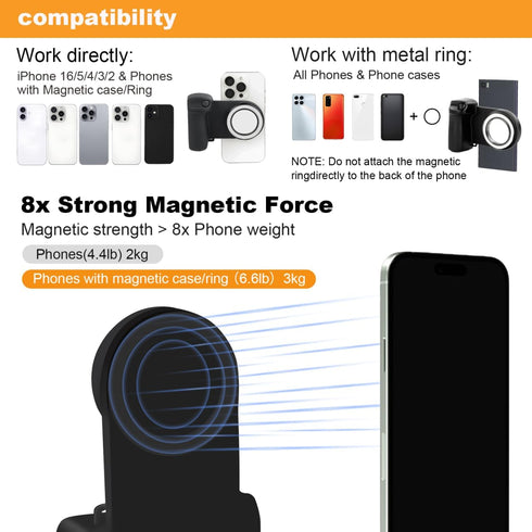 Keledz 16 15 14 13 12 Magnetic Phone Camera Grip with Selfie Fill Light, Smartphone Shooting Holder Selfie Handle Snap