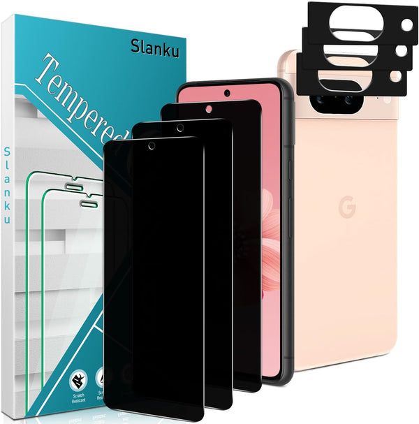Slanku [3+3 Pack Tempered Glass Privacy Screen Protector for Google Pixel 8A with 3 Pack Camera Lens Protector,