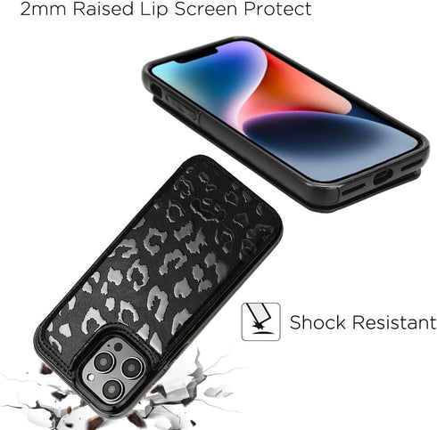 uCOLOR iPhone 14 Pro Max 6.7" Wallet Case, Card Holder Folio Flip PU Leather, RFID Blocking Cover (Black Leopard)