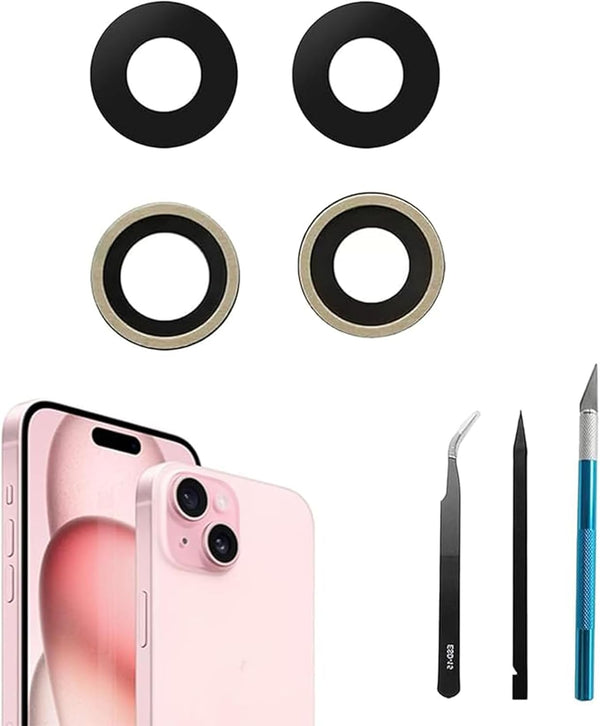 2pcs/Set 15 Plus Camera Lens Replacement for iPhone 15 Rear Glass with Pre-Installed Adhesive + Repair Tool Kit,