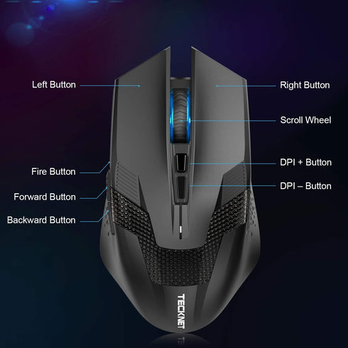 TECKNET Wireless Mouse, USB Cordless Computer Mouse with 8 Buttons, Ergonomic Design, High-Precision 5 Adjustable DPI