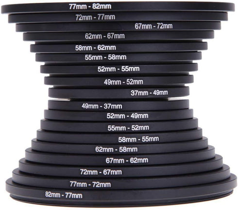 18Pcs Filter Ring Adapter Set - 37-82mm Metal Step Up/Down Rings Lens Adapter Filter Set for Digital SLR Camera