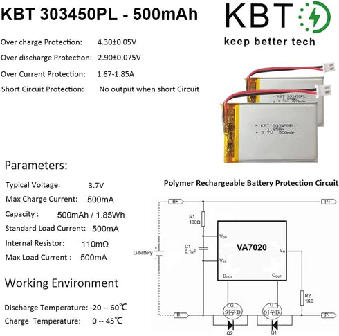 KBT 3.7V 500mAh Li-Polymer Battery, 303450 Rechargeable Li-ion Batteries Replacement for Dash Camera, 2pack