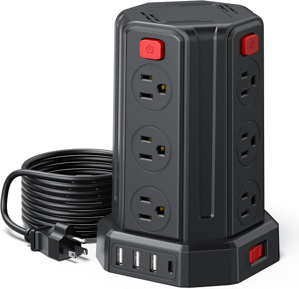 PD 20W Power Strip Surge Protector, 10 Ft Extension Cord with 12 AC Outlets, 4 USB Charging Station, Black