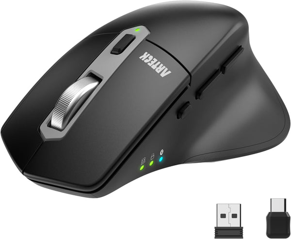 Arteck Multi-Device Wireless Bluetooth Mouse, Ergonomic Right Hand Silent Clicking Rechargeable Mouse for Computer,