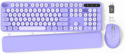 Wireless Keyboard and Mouse Combo, Cute Typewriter Keyboard with Detachable Wrist Rest, Retro Round Keycaps, 2.4GHz for