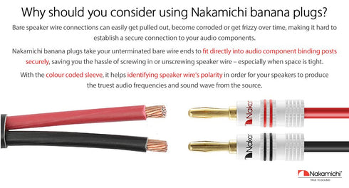 Nakamichi Excel Series 24k Gold Plated Banana Plug 12 AWG - 18 AWG Gauge Size 4mm for Speakers, Amplifier, Hi-Fi AV