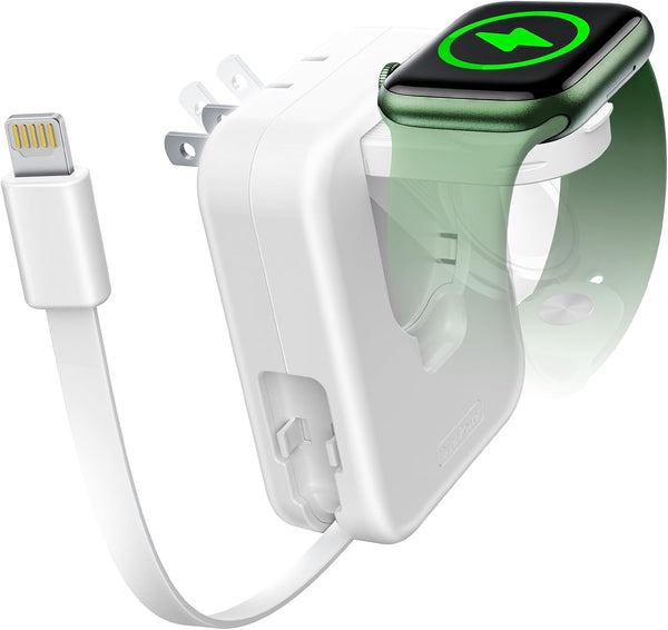 Apple Watch Charger Block, 2 in 1 Wall Charger with Retractable Cable, Travel Foldable Plug Power Adapter