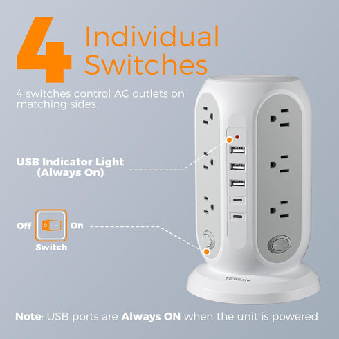TESSAN 12 5 Ports(2 10 1250W, Tower Power Strip with Individual Switches, Surge Protector with Outlets, USB USB C)