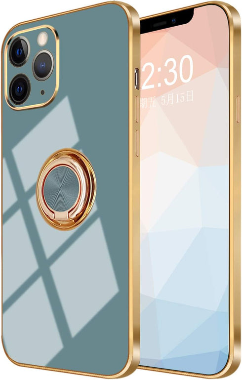 Omorro iPhone 11 Pro Case with Ring - 360 Degree Rotation Kickstand Cover with Shiny Plating Rose Gold Edge for Women