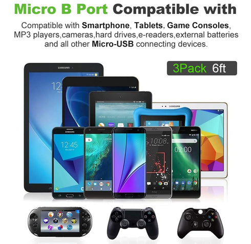 3Pack Micro USB Cable 6FT Braided Charger for Samsung Galaxy S6 S7 Edge & Android Phones - Fast Charging - Blue