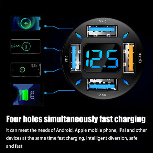 4 Ports USB Car Charger, 66W Super Fast Charging with QC 3.0, PD 20W, USB 2.4A Adapter, LED Voltmeter, Auto Cigarette