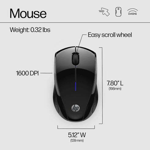 HP Wireless Mouse - Black, 15-Month Battery, 1600 DPI Sensor, Side Grips for PC/Laptop, Mac, Chromebook