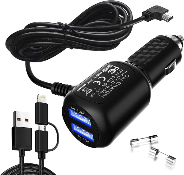 Garmin Nuvi Car Charger, Dual Port USB Power Cable for Garmin GPS, Mini USB Charging Cord for Nuvi C255 Dashcam.