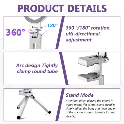 YOSINXU Smartphone,360 1/4" Magnetic Tripod Portable Cellphone Stand for Recording Travel, Compatible with Adjustable