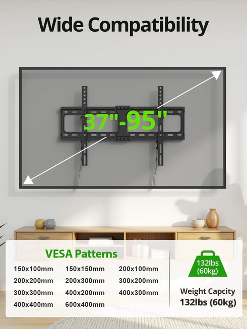 USX MOUNT 37"-95" 600x400mm 132lbs, 16", 24" Tilting TV Wall Mount for Most Flat Curved Screen Television, TV Bracket