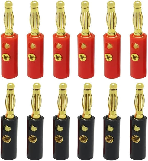 12Pcs/6pair 4mm Stackable Banana Plugs, Gold Plated Connectors for Speaker Wire