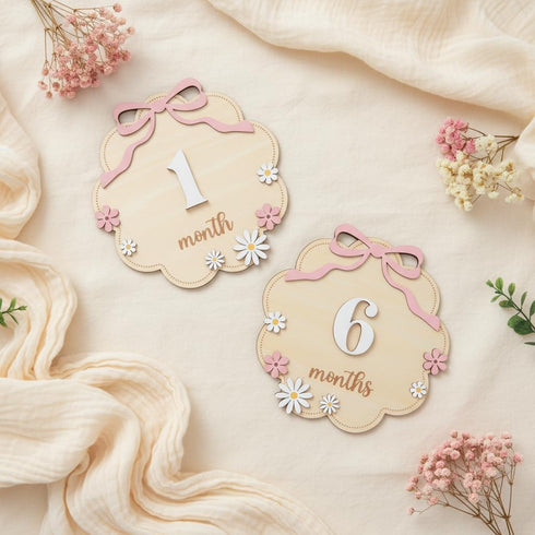 TTMerriwood Set 112 Wooden Baby Monthly Milestone Sign with Pink Bow, Month Cloud Shape Photo Prop, Floral Baby Girl