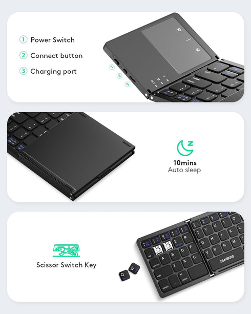 Samsers Foldable Bluetooth Keyboard - Portable Ultra Slim Wireless Keyboard with Touchpad for Android, Windows, iOS -