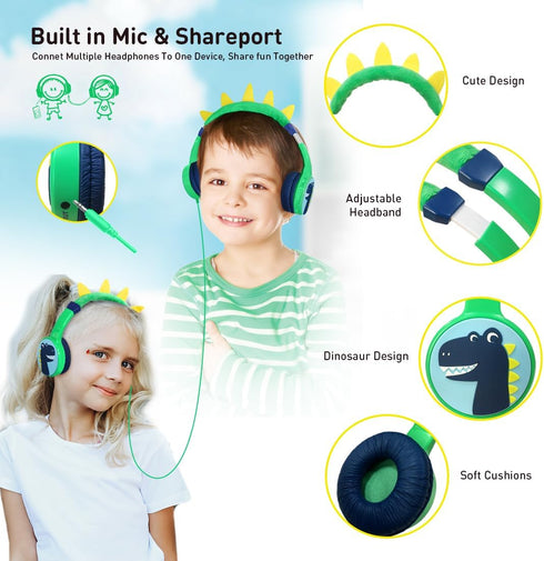 Kids Bluetooth Headphones with 85dB Safe Volume, SD Card Slot Music Sharing Function for Boys Girls School Headset