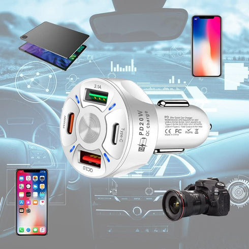 4 Port USB C Car Charger Adapter with LED Light, Quick Charge Type C/PD 20W/QC 3.0 for iPhone 14 13 12 S22 S21 (White)