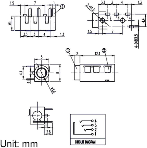 10Pcs 1/8" 3.5mm 4 PJ-320A MP3/MP4 uxcell Stereo Jack Socket, Pin PCB Mount Female Socket Headphone Audio Connector