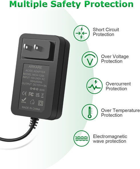 Arkare 12V 5A 60W 100-240V 12V 5Amp 4A 3A 2A 1A 5.5x2.5mm 3D 10TIPS 4.9FT Power Supply Adapter AC to DC Power Cord