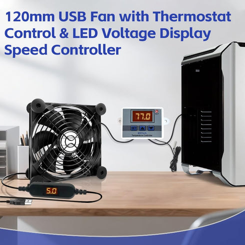 SOTOP 120mm 5V 120mm 25mm, WHTech USB Fan with Temperature Controller & LED Voltage Display Speed Controller, DC x