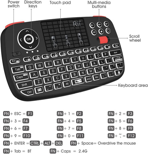 Rii (Upgrade) i4 Mini Bluetooth Keyboard: Blacklit Portable Wireless Keyboard with Touchpad for Smartphones and PC