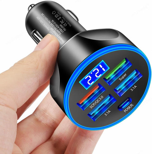 5-in-1 Multi-Port Car Charger with Voltage Detection, PD+3USB+QC3.0 Fast Charge Adapter for iPhone/Android/Samsung/iPad