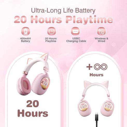 Pink Cat Ear Headphones for Kids, Cute Wireless Bluetooth Headphones for School, Noise Cancelling