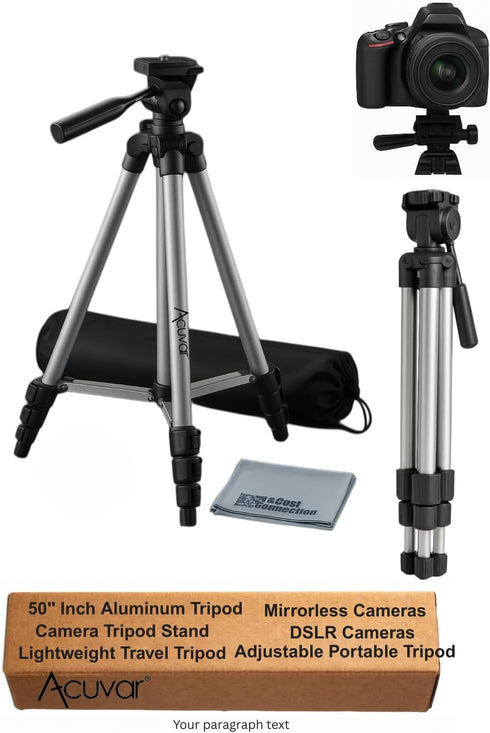 Acuvar 50 Inch 3-Way Lightweight Camera Tripod with Pan & Tilt Head Aluminum DSLR Tripod Stand with Quick Release Plate