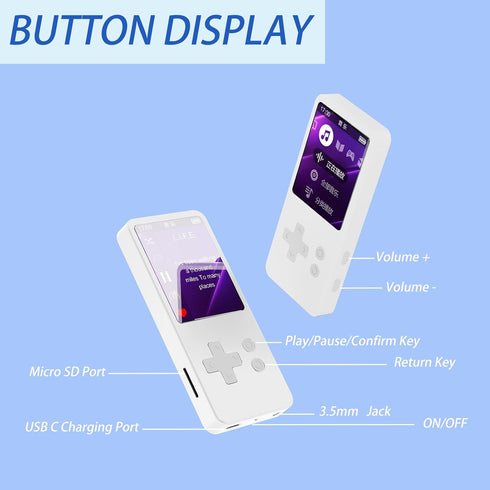 tokemisc 32GB MP3 5.2, 1.8 inch 256GB(White) Player with Bluetooth Screen Portable Music Player for Kids, with Built