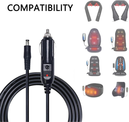 Boda 12V Car Charger Adapter Cord Compatible for Nekteck/Zyllion/Papillon/Mirakel/Invospa Shiatsu Neck and Back Shoulder Massager