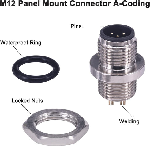 M12 4 Pin Male Aviation Panel Mount Connector, Lonlonty 12mm Waterproof Chassis Panel Back Mount Socket (5PCS)