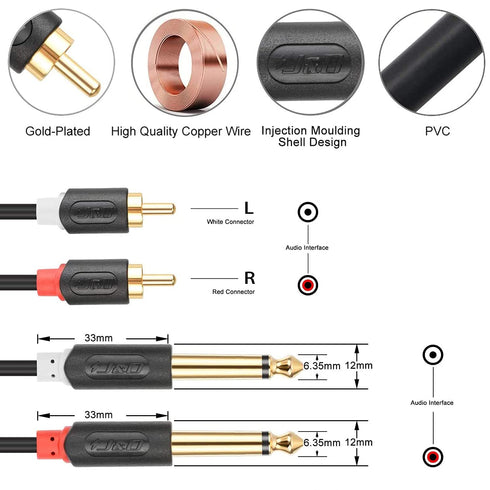 J&D Dual 1/4 inch TS to Dual RCA Stereo Audio Interconnect Cable, Gold Plated 3 Feet Audiowave Series Adapter Cable