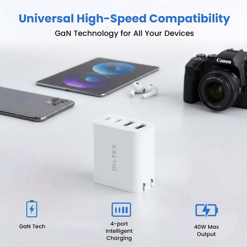 DILTEX 4USB 40W 2 Pack Ports Gan Foldable Charger - Compact USB-C & USB-A Fast Charger with Smart Power Output for Safe