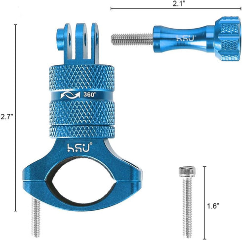 HSU Aluminum Bike Handlebar Mount for Gopro Hero 12/11/10/9/8/7/6/5/4 Session, 360 Degrees Rotary Rack Mount (Blue)
