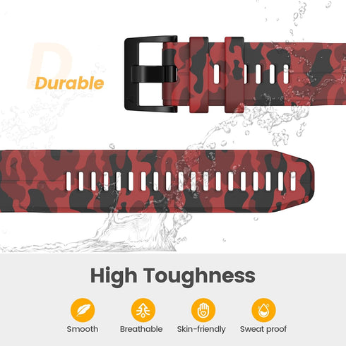 ANCOOL Compatible Fenix 7X Bands, 26mm Silicone Replacement Watchbands for Fenix 5X/5X Plus/6X/6X Pro (Camouflage Red)
