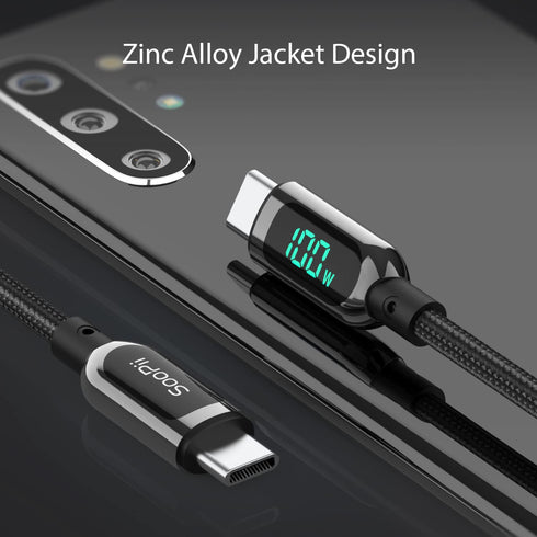 SOOPII 100W 1ft USB C to USB C Cable Fast Charge, Nylon Braided Cable with LED Display for iPhone 15/15 Pro/15 Plus/15