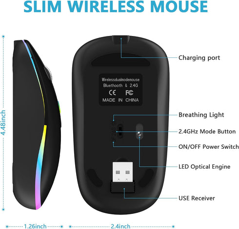 HZD LED Wireless Mouse, Slim Silent Rechargeable Optical Mouse with Type C Adapter, 3 Adjustable DPI Levels
