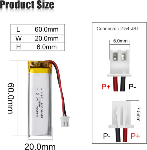 KBT 3.7V 750mAh Li-Polymer Battery: 602060 Rechargeable Li-ion Batteries Replacement with 2.54 JST Connector for Dash Camera Recorder, Baby Monitor, Electric Toy, Headlamp, Night Light