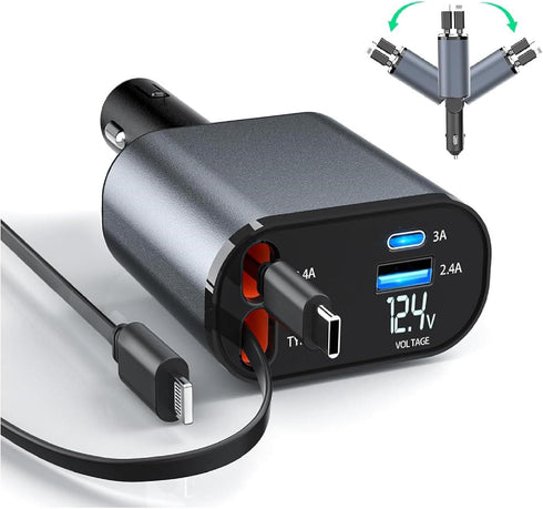 Retractable Car Charger, 4 in 1 Fast Charge Adapter 100W, Retractable Cables for iPhone & Type-C